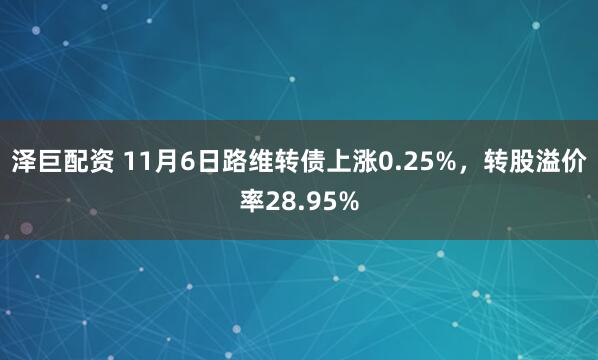 泽巨配资 11月6日路维转债上涨0.25%，转股溢价率28.95%